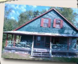 rustic cedar shingle cottage painted green with brown trim.